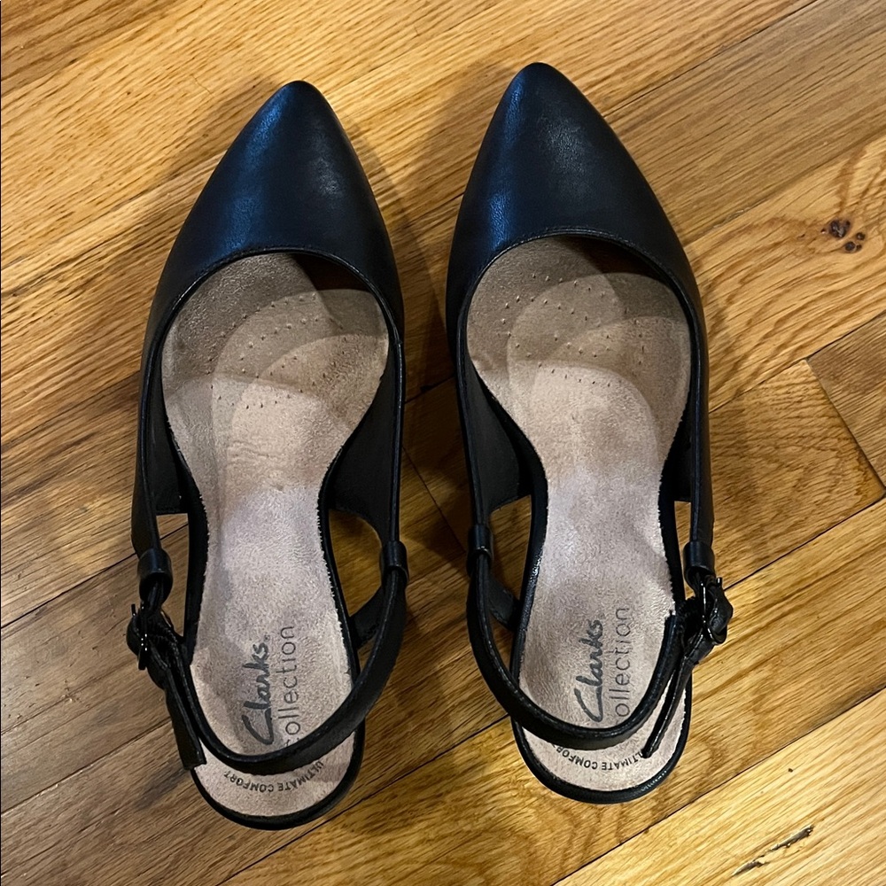 Clarks Black Leather Pointed Toe Slingback Heels